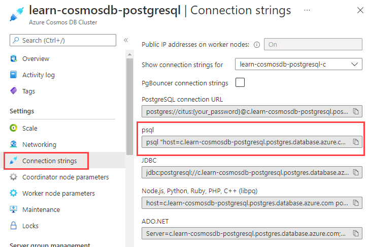 Screenshot of the Connection strings page of the Azure Cosmos DB Cluster resource. The 'Connection strings' navigation is highlighted. The psql connection string is also highlighted.