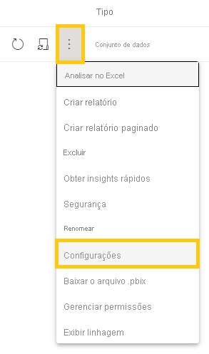 Captura de ecrã a mostrar o menu de contexto de um conjunto de dados onde pode selecionar Definições para configurar endossamentos.