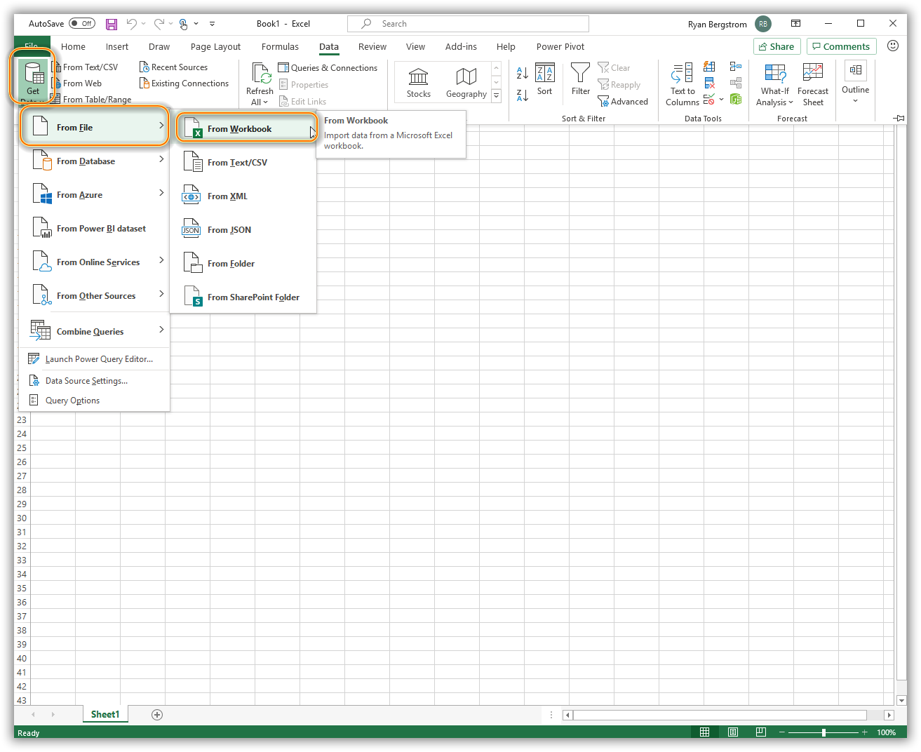 Captura de ecrã a mostrar o menu Obter dados com o livro de ficheiros selecionado.