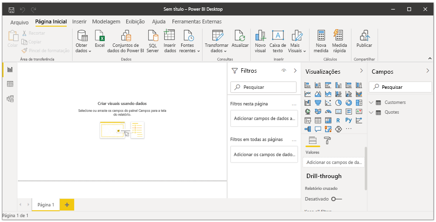 Captura de ecrã a mostrar Power BI Desktop após a importação com as tabelas Clientes e Aspas apresentadas na lista Campos.