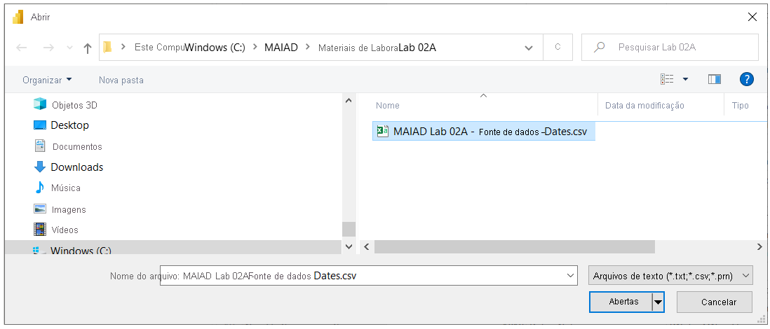 Captura de ecrã da janela Abrir com o MAIAD Lab 02A - origem de dados - Dates.csv selecionado.
