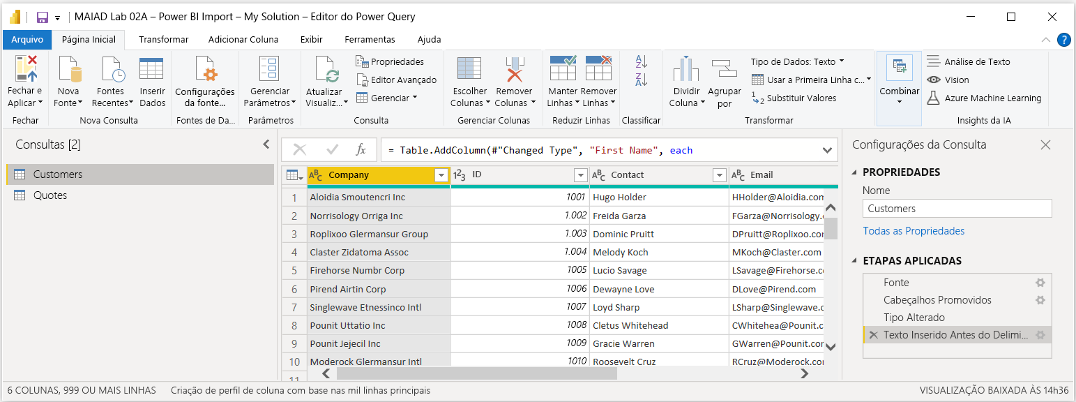 Captura de ecrã a mostrar Editor do Power Query com as consultas Clientes e Cotações após a importação.