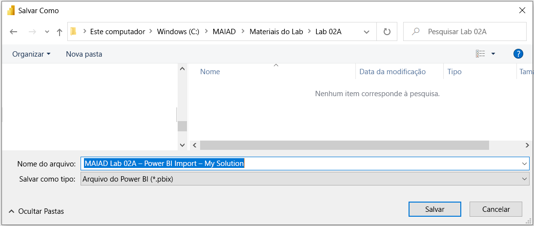 Captura de ecrã da janela Guardar como com o MAIAD Lab 02A – Importação do Power BI – A minha solução.pbix.