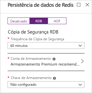 Captura de ecrã do portal do Azure que mostra as opções de persistência da RDB numa nova instância da cache de Redis.