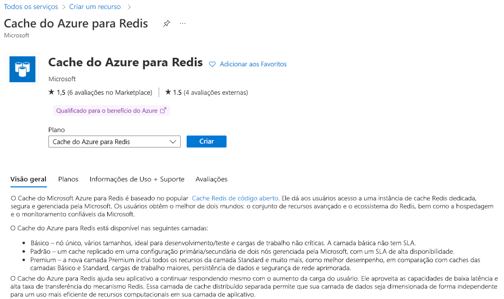 Crie um Cache do Azure para Redis no portal do Azure.