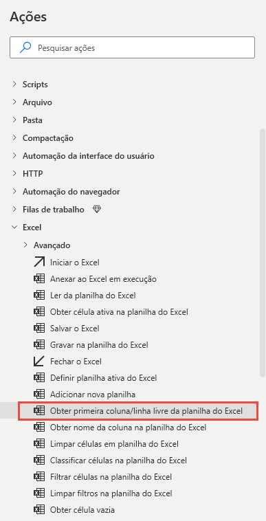 Captura de tela da tabela Ações com a opção Obter primeira coluna livre realçada.