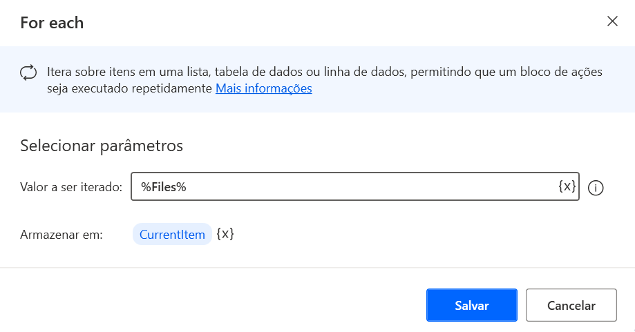 Captura de tela da caixa de diálogo de propriedades da ação For each.