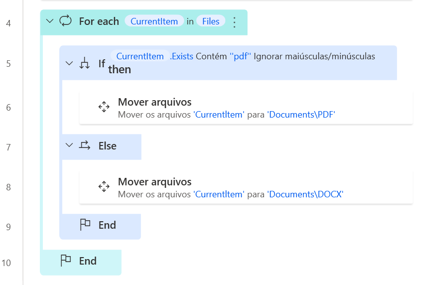 Captura de tela do exemplo de espaço de trabalho com For each.