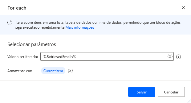 Captura de tela da caixa de diálogo de propriedades da ação de loop Para Cada.