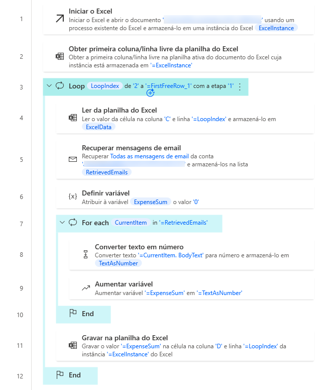 Captura de tela do espaço de trabalho de exemplo loop Para Cada.