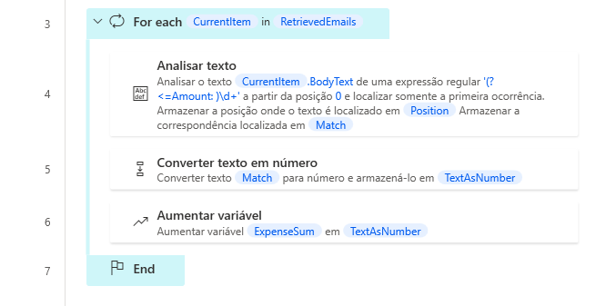 Captura de tela do espaço de trabalho de exemplo loop Para Cada.
