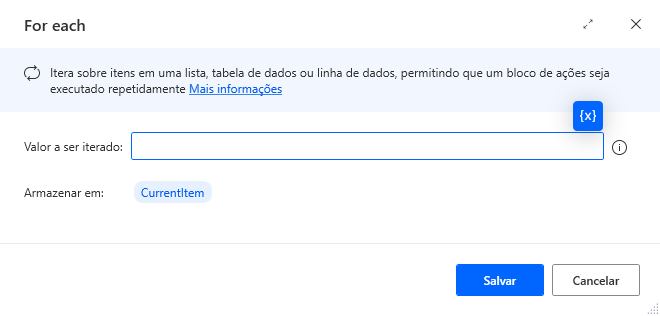 Captura de tela da caixa de diálogo de propriedades da ação For each.