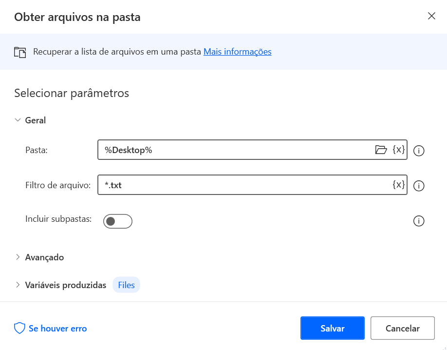 Captura de tela da caixa de diálogo de propriedades da ação obter arquivos na pasta.