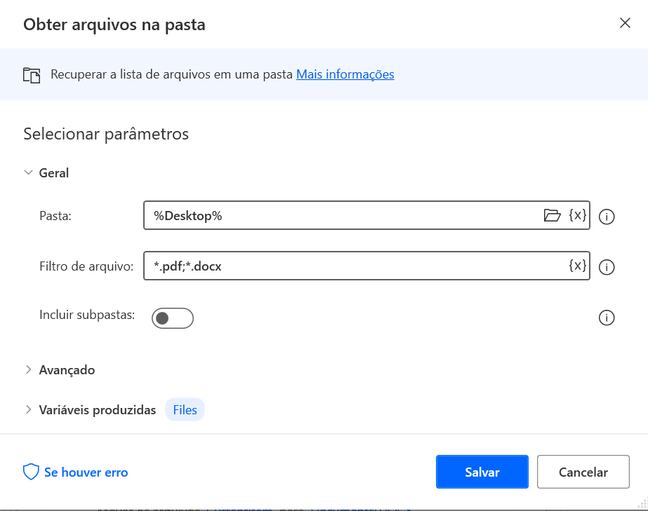 Captura de tela da caixa de diálogo de propriedades da ação Obter arquivos na pasta para Área de Trabalho.