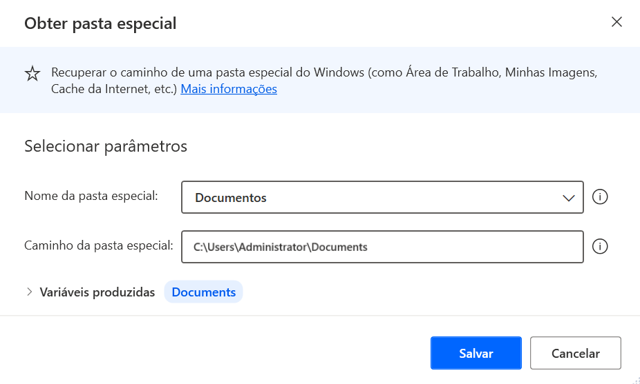 Captura de tela da caixa de diálogo de propriedades da ação obter pasta especial para Documentos.