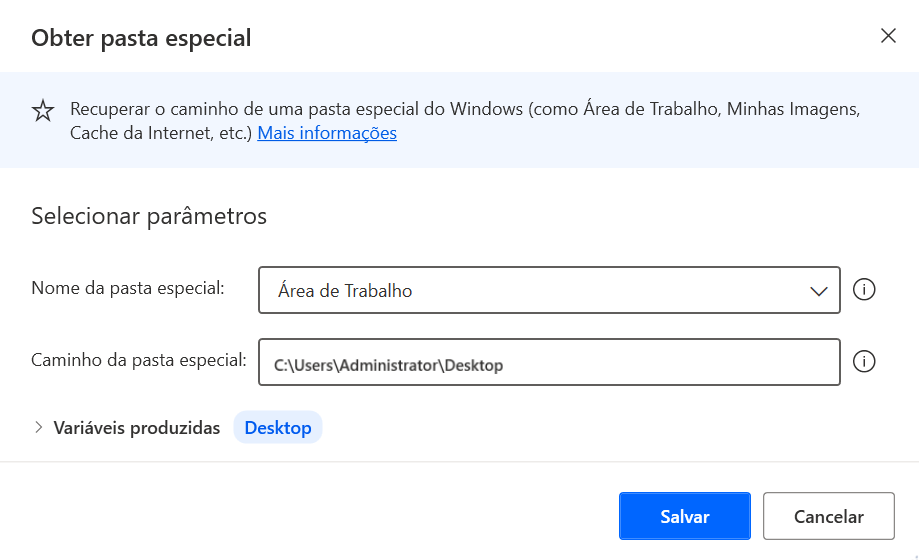 Captura de tela da caixa de diálogo de propriedades da ação Obter pasta especial para Área de Trabalho.