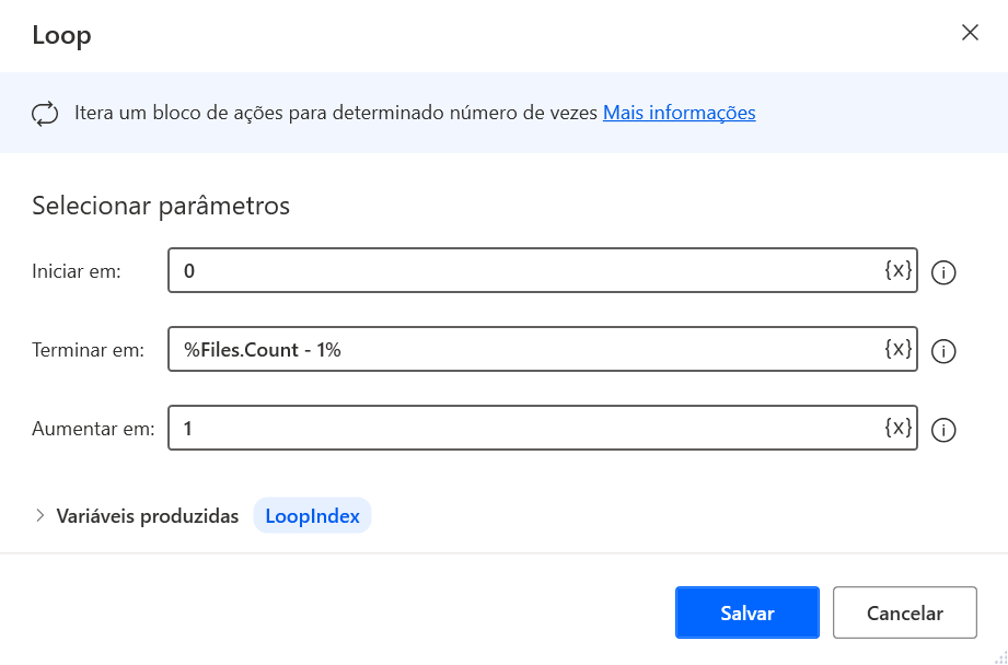 Captura de tela da caixa de diálogo de propriedades da ação de loop.
