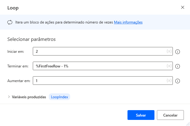 Captura de tela das propriedades da ação do Loop.