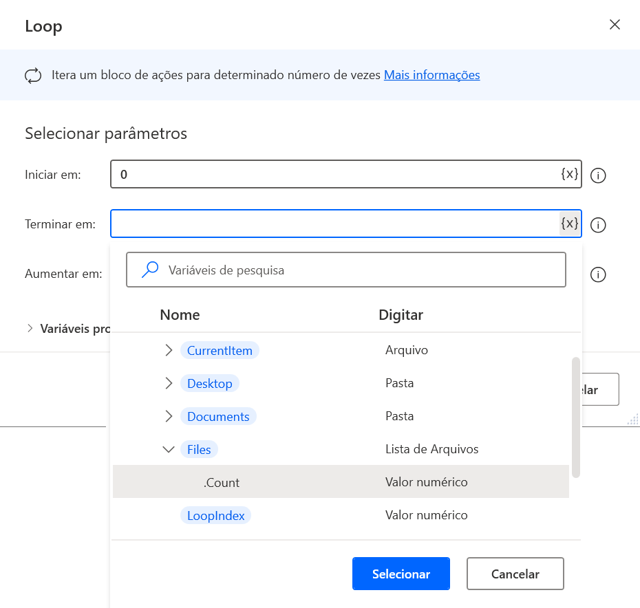 Captura de tela da lista pop-out de seleção de variável das propriedades da ação Loop.