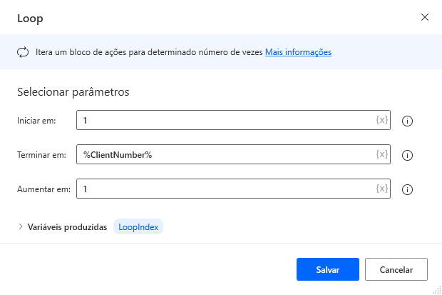 Captura de tela da caixa de diálogo de propriedades da ação de loop.