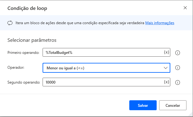 Captura de tela da caixa de diálogo de propriedades da ação Condição de Loop.