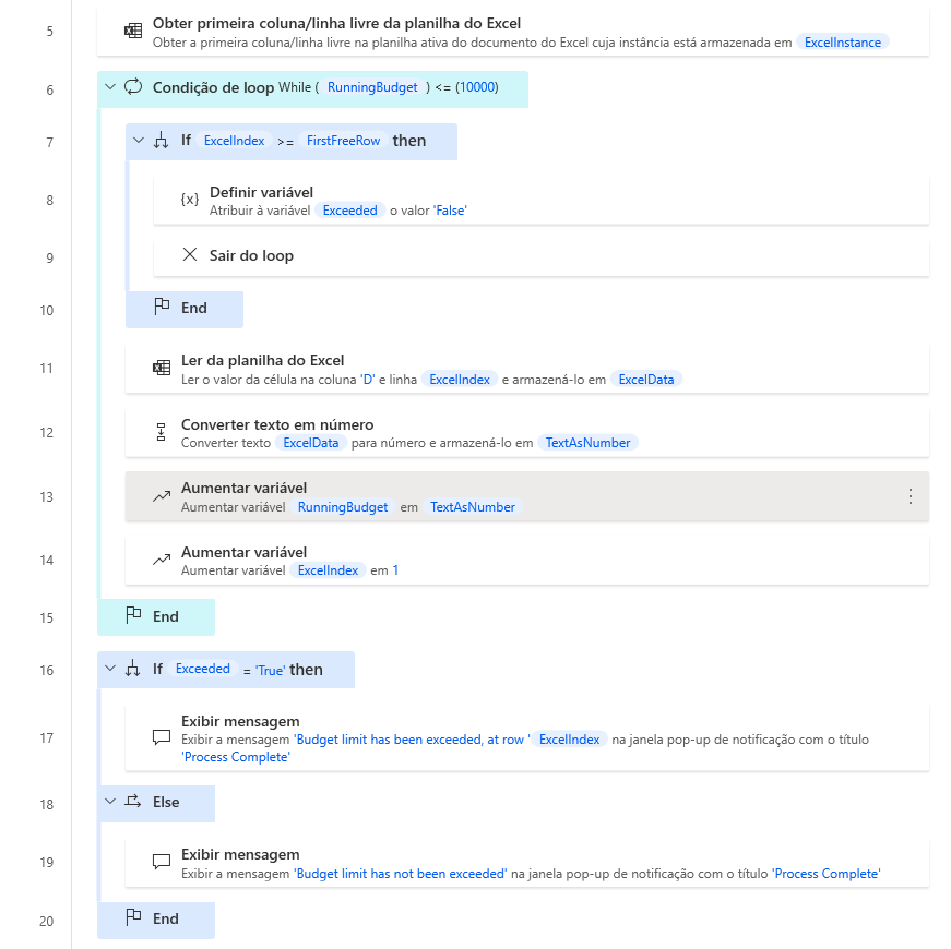 Captura de tela do exemplo de espaço de trabalho da condição de loop com 