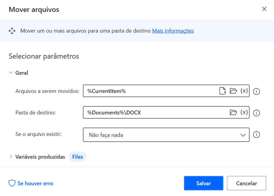 Captura de tela da ação Mover arquivos que move os arquivos docx.