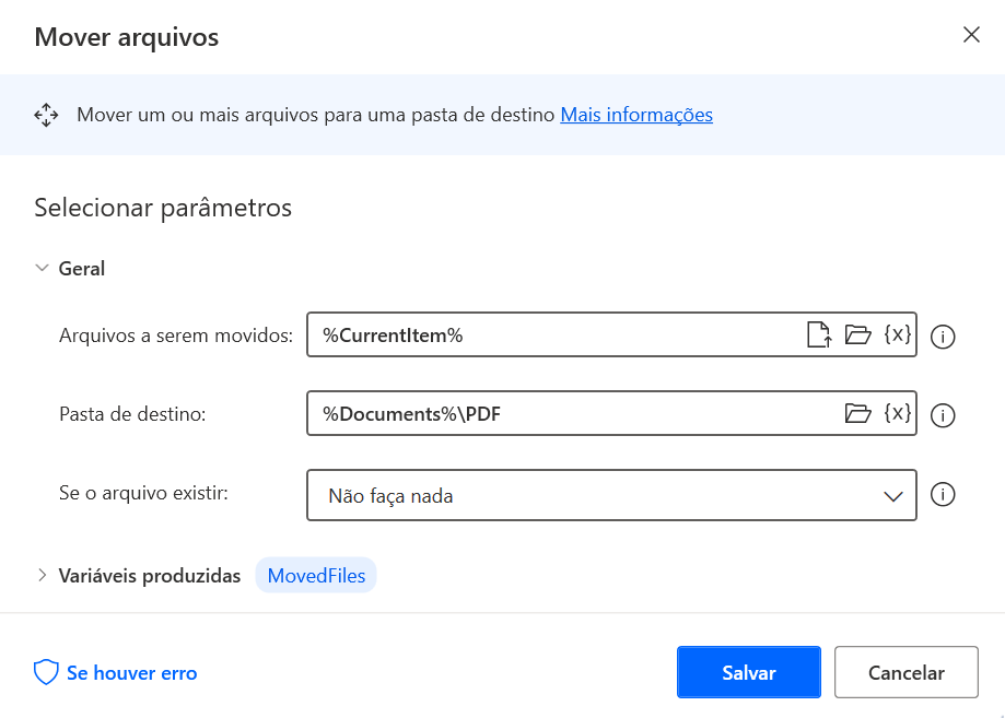 Captura de tela da ação Mover arquivos que move os arquivos PDF.