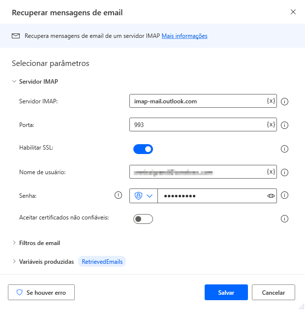 Captura de tela da caixa de diálogo de propriedades da ação Recuperar emails.