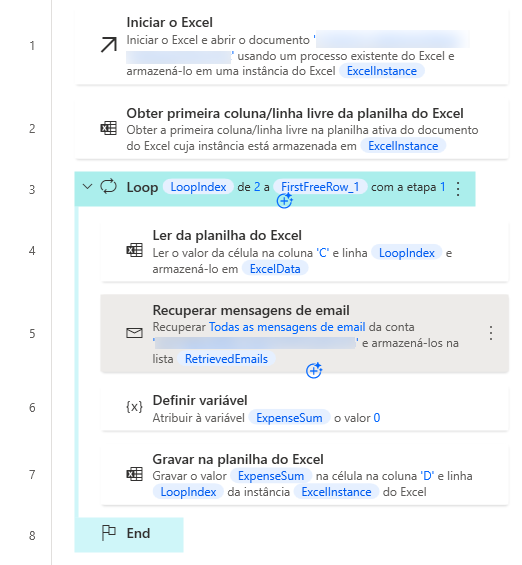 Captura de tela do exemplo de loop do espaço de trabalho.