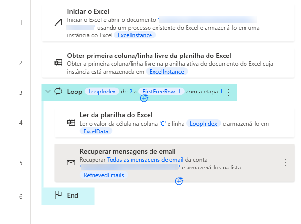 Captura de tela dos parâmetros do loop do espaço de trabalho.