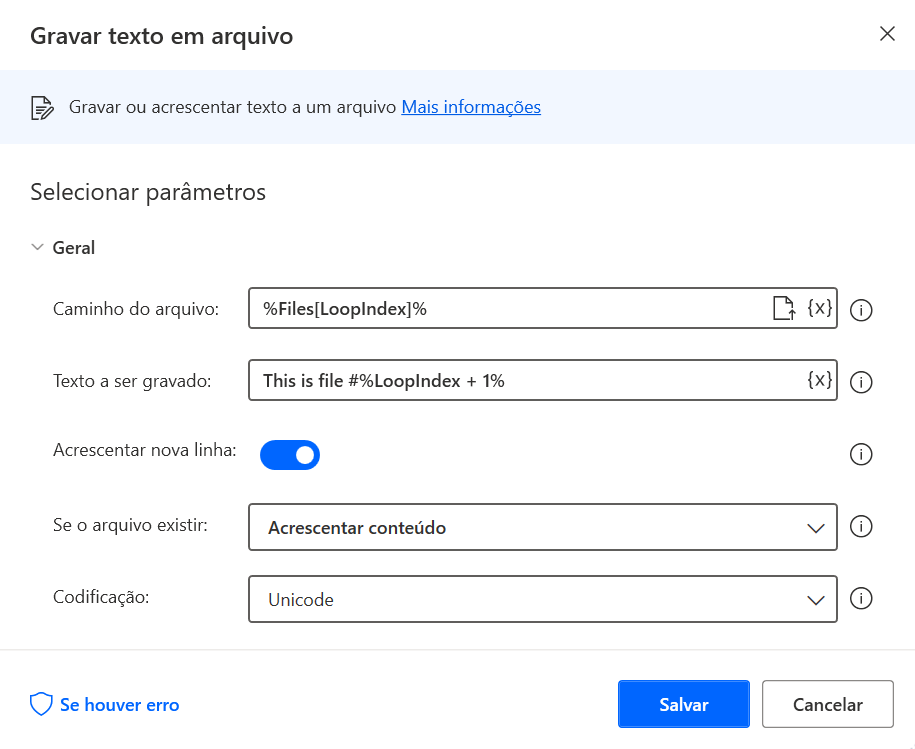 Captura de tela do diálogo de propriedades da ação Gravar texto em arquivo.