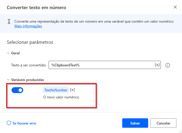 Captura de tela da ação Converter texto em número.