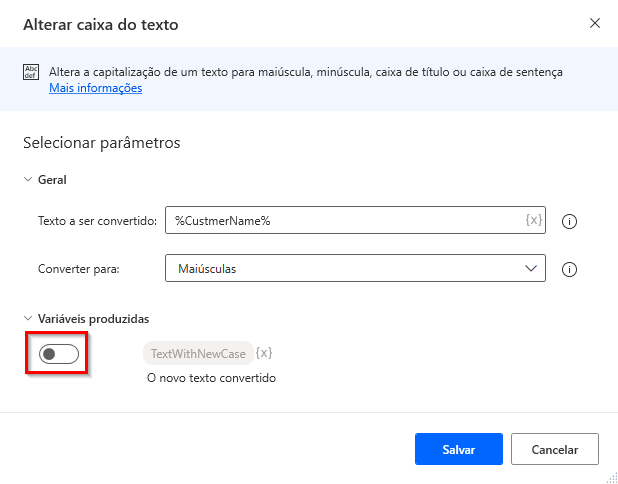Captura de tela da opção para desabilitar uma variável produzida.