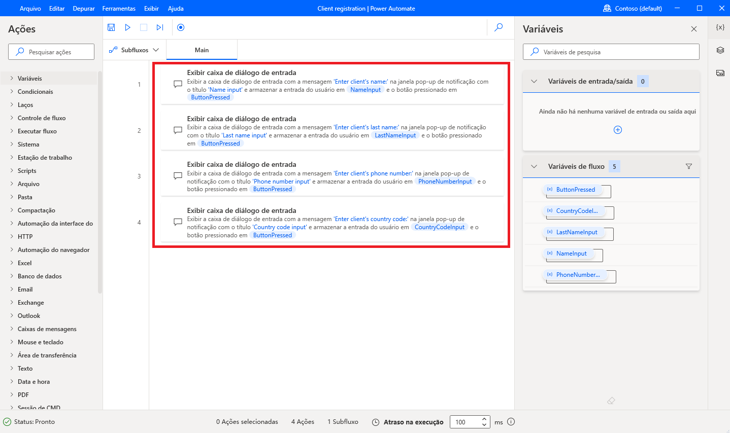 Captura de tela da caixa de diálogo com todas as ações de entrada.