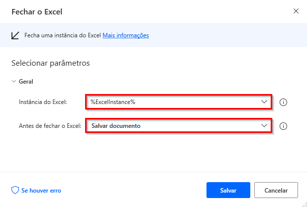 Captura de tela da caixa de diálogo da ação Fechar o Excel.