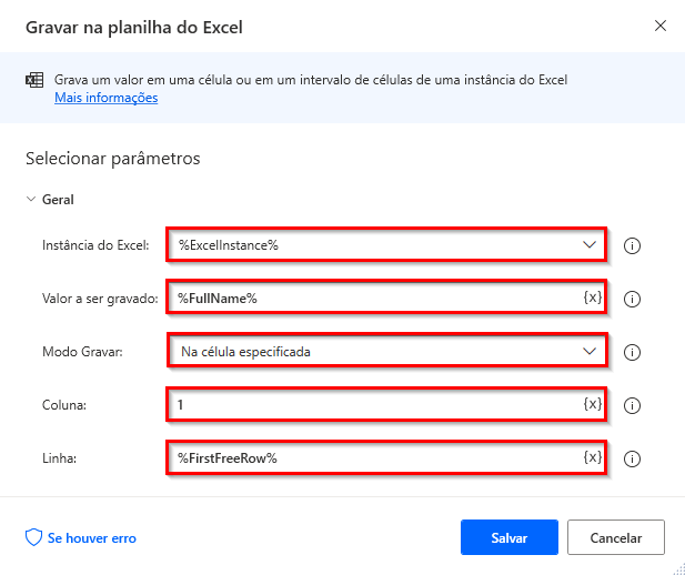 Captura de tela da primeira ação Gravar na planilha do Excel.