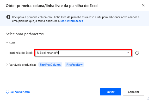 Captura de tela da ação Obter primeira coluna/linha disponível na planilha do Excel.