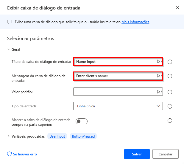 Captura de tela da ação da caixa de diálogo Exibir entrada.