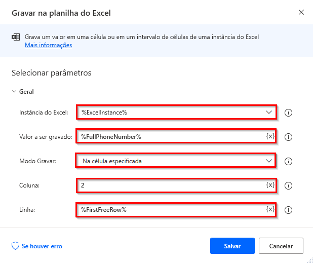Captura de tela da segunda ação Gravar na planilha do Excel.