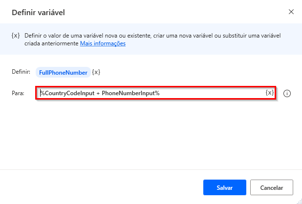 Captura de tela da ação definir variável contendo o número de telefone completo.