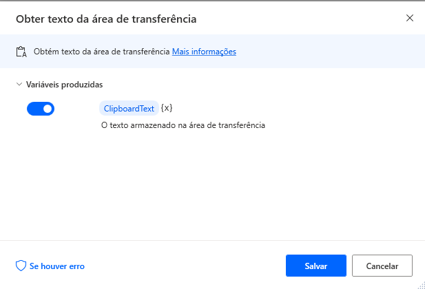 Captura de tela da ação Obter texto da área de transferência.