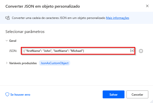 Captura de tela de um bloco JSON como parâmetro na ação Converter JSON em objeto personalizado.