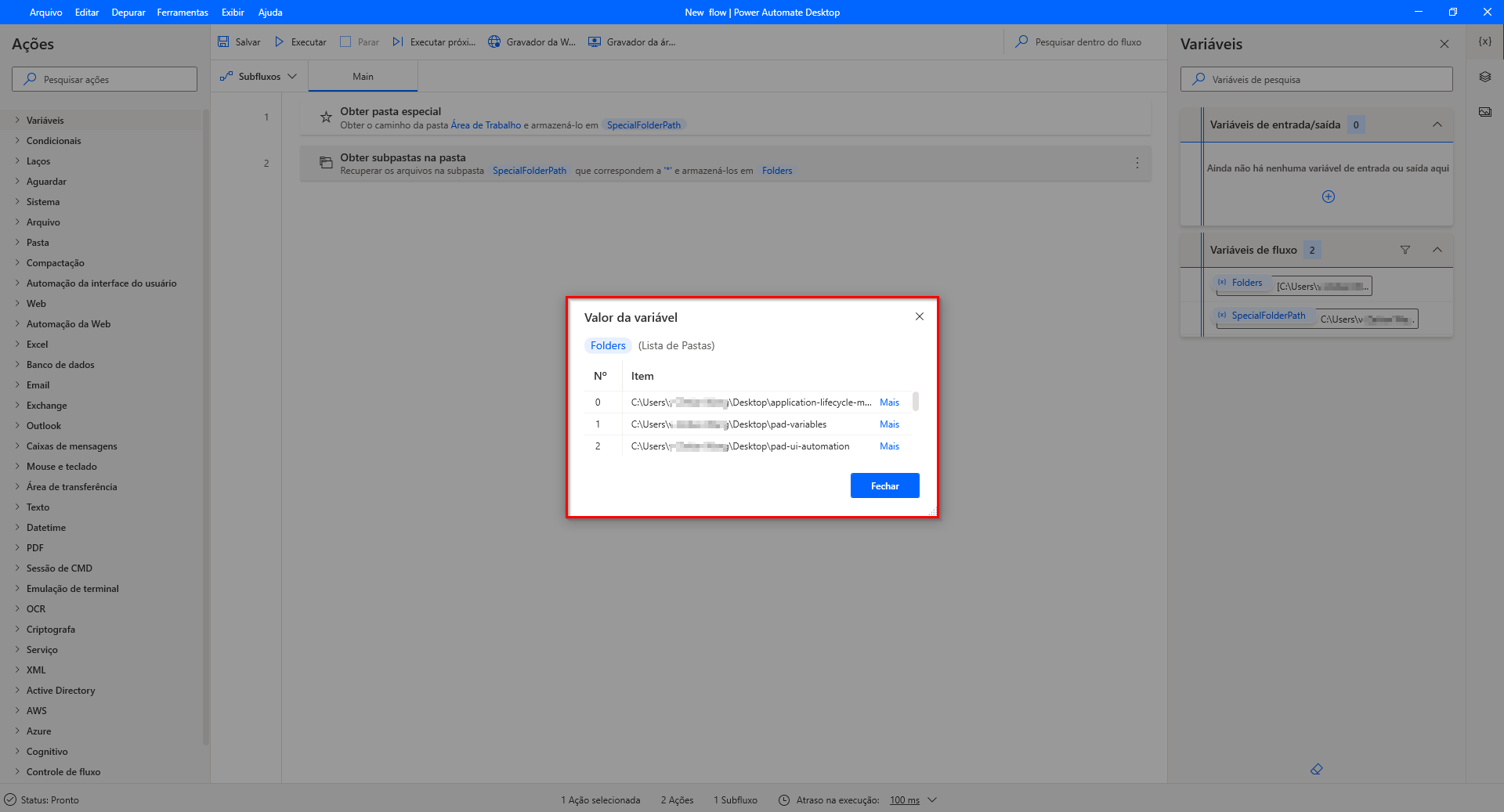 Captura de tela de uma variável de lista que contém pastas.
