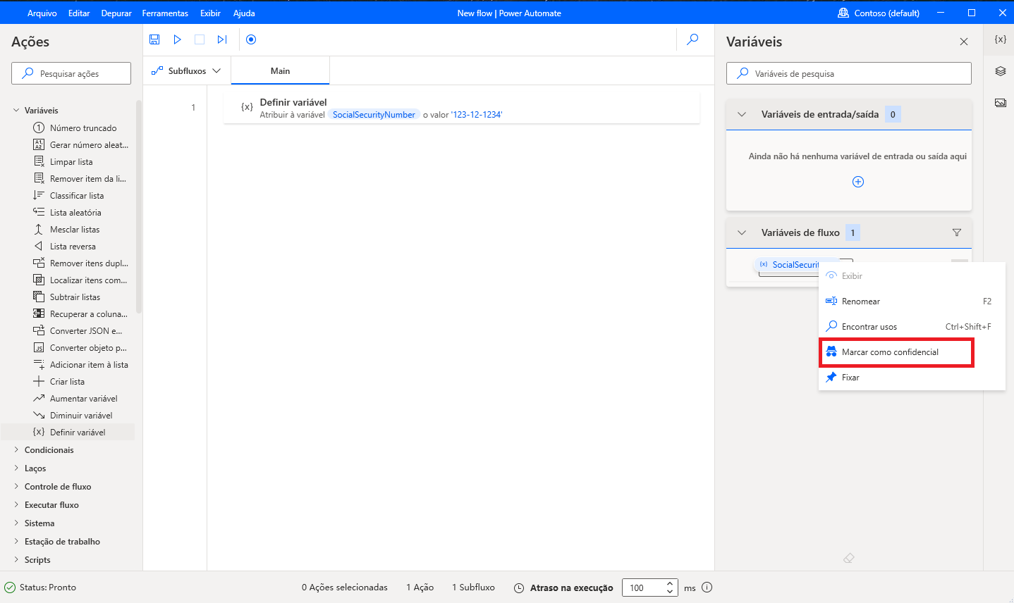 Captura de tela do botão Marcar como confidencial no designer de fluxo.