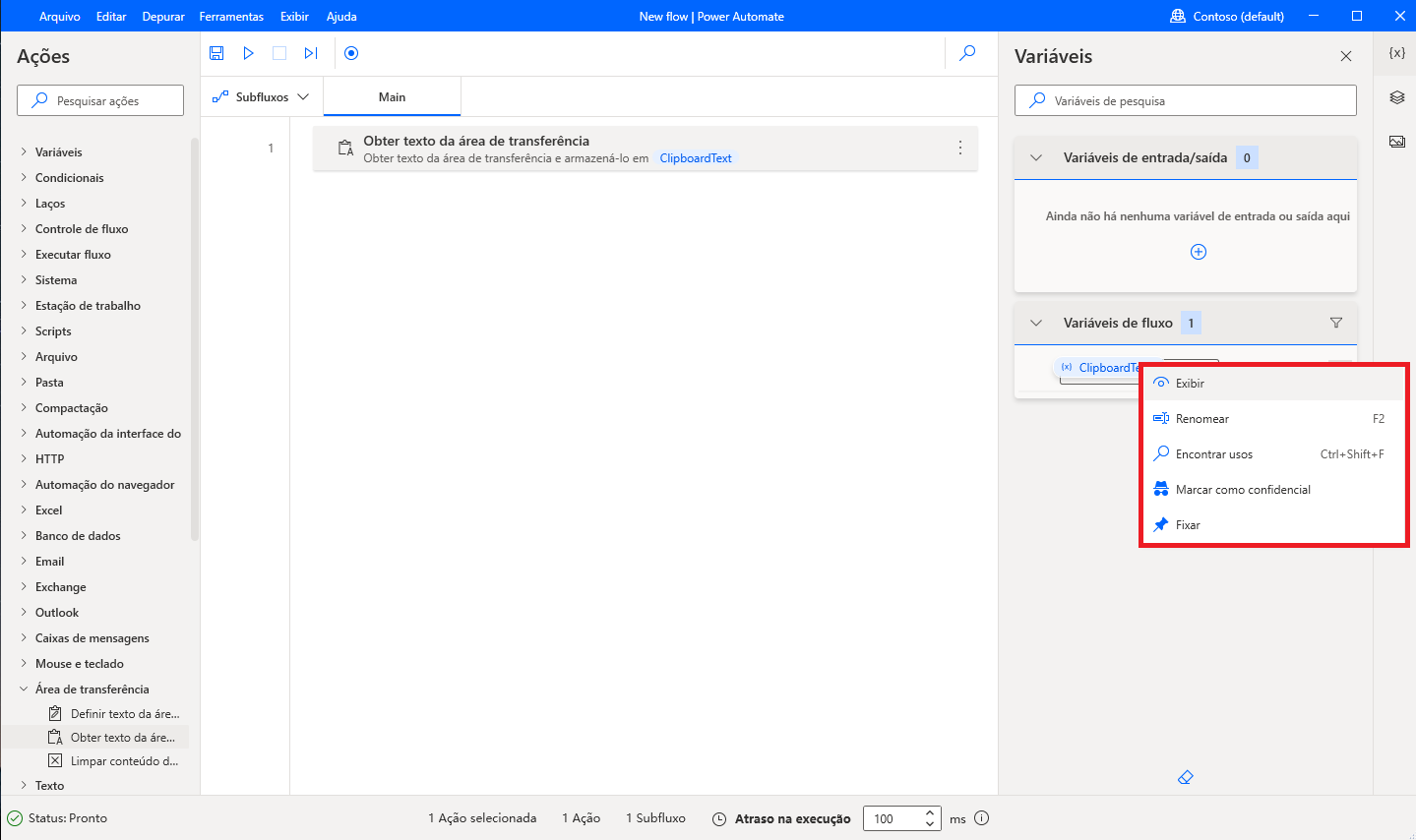 Captura de tela das opções 