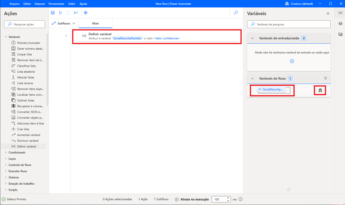 Captura de tela de variáveis confidenciais no espaço de trabalho.