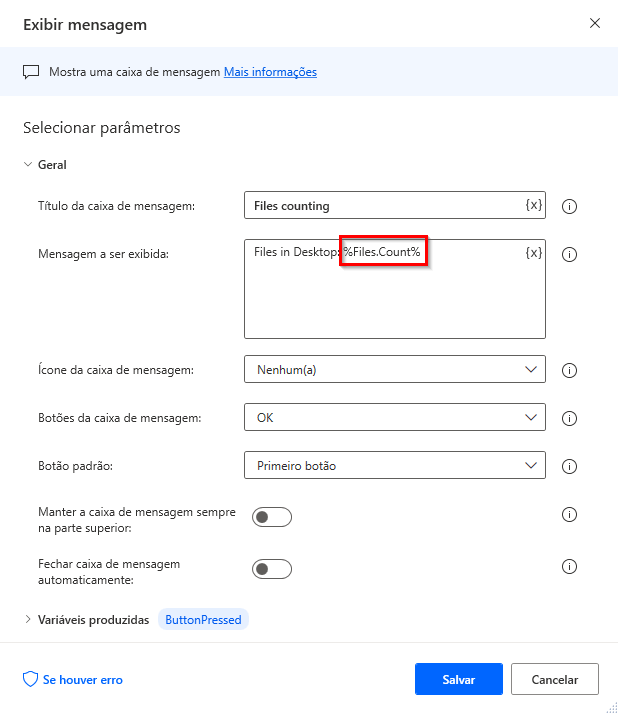 Captura de tela da notação para obter o tamanho de uma lista de arquivos.