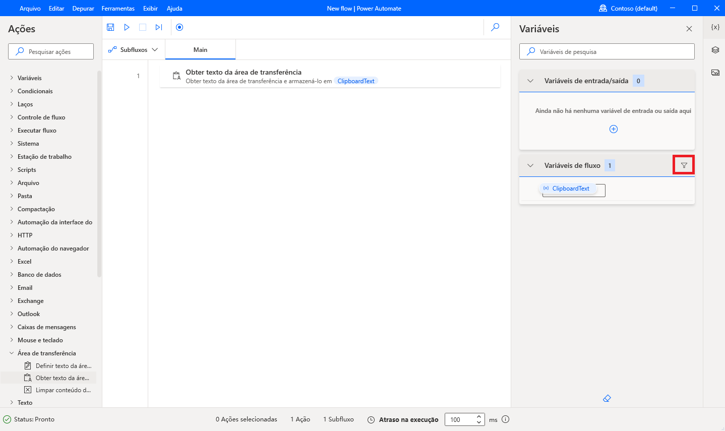 Captura de tela do botão de filtro no painel de variáveis.