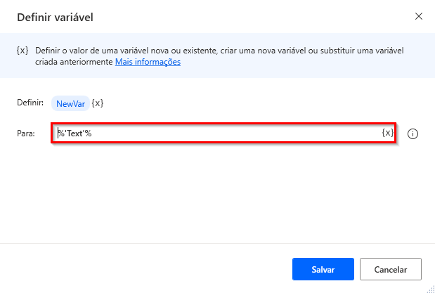 Captura de tela de uma variável de texto codificada como um parâmetro de ação.